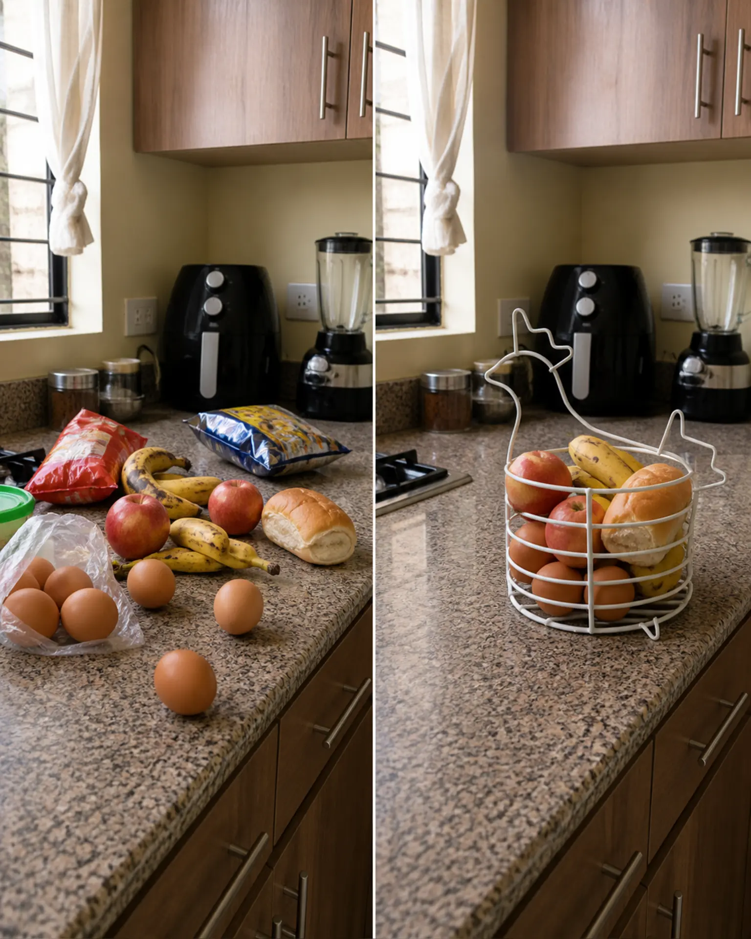 Antes y después: una cocina con frutas, pan y huevos dispersos, y la misma cocina organizada con la Gallina Multiusos GINLU